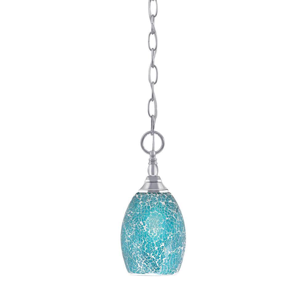 Elva 100-Watt 1-Light Chrome Shaded Pendant Light with 5 in. Turquoise Glas