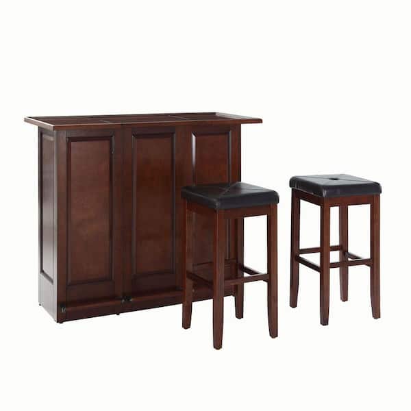 Crosley 48-3/4 in. W Mobile Folding Bar with Two 29 in. Upholstered Square Seat Stools in Mahogany