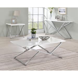 Doherty 60 in. White and Chrome High Gloss Plated Rectangle Wood Top Console Table