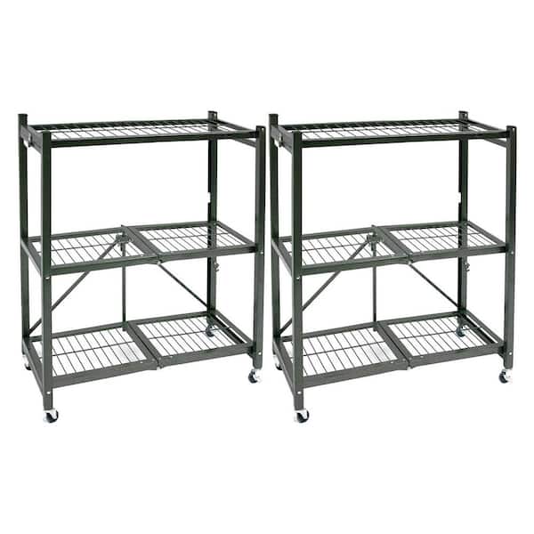 Origami Foldable 3-Tiered Shelf Storage Rack and Wheels, Pewter (2-Pack)