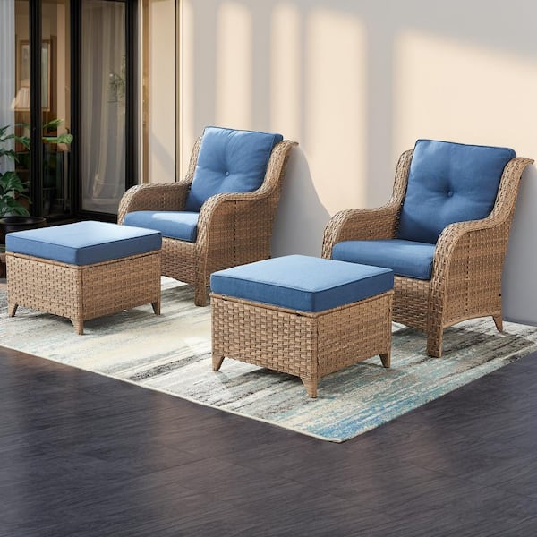 moosprr 4-Piece Patio Yellow Wicker Outdoor Chat Sets with Blue Olefin Cushions and Matching Ottomans