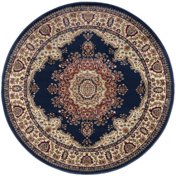 Tayse Rugs Sensation Border Navy 8 ft. Round Indoor Area Rug