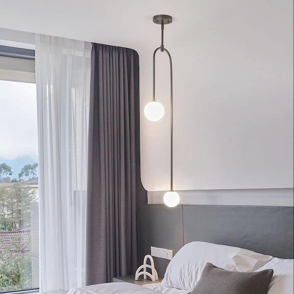 Home Light 40-Watt 2Lights Black Modern Pendant Light Fixture With Milk Glass Shade, No Bulbs Included (1 Pack)