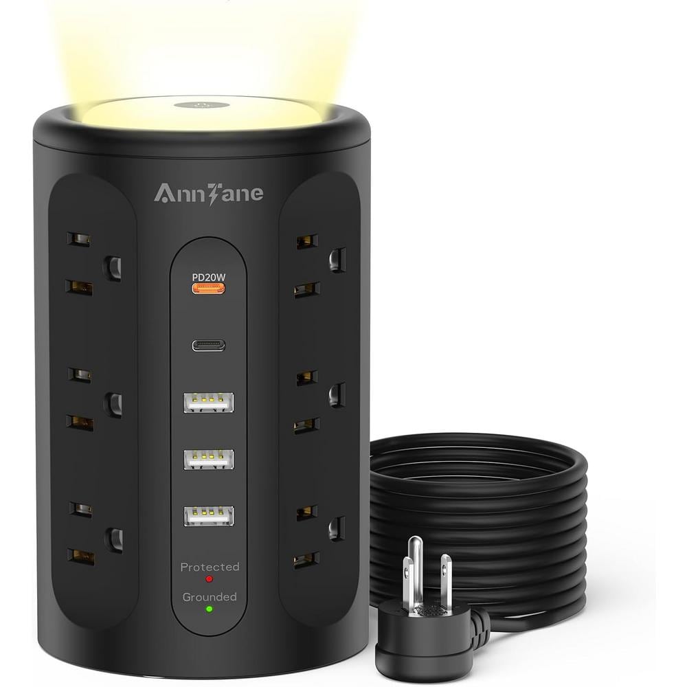 Black 12-Outlet Power Strip Tower with USB Ports and Night Light