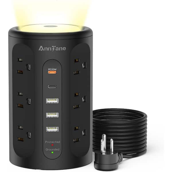 Lukyamzn 12-Outlet Power Strip Surge Protector with 5 USB Port & 10 ft. Extension Cord in Black