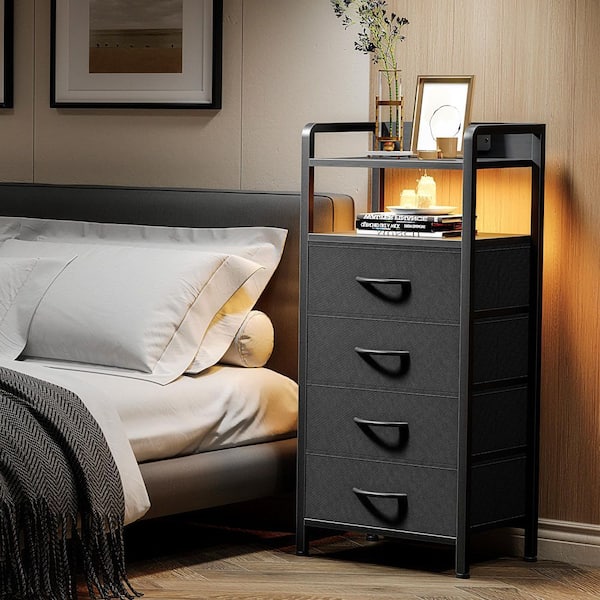 FlexCore Black 4-Drawer 15.6 in. W Modern Nightstand with Charging Station and LED Light Strip
