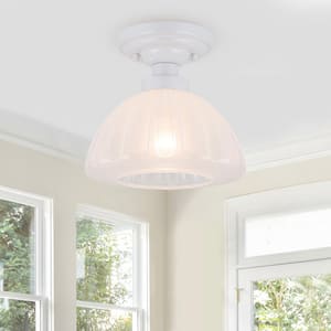 9.84 in. 1-Light Matte White Flush Mount Ceiling Light with Ribbed Cloud Glass Shade