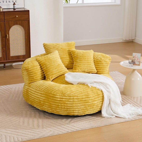 42.5 in. Mustard Yellow Oversized Corduroy Bean Bag Chair for Adults Kids with Armrests and 3 Pillows Foam Filled Sofa