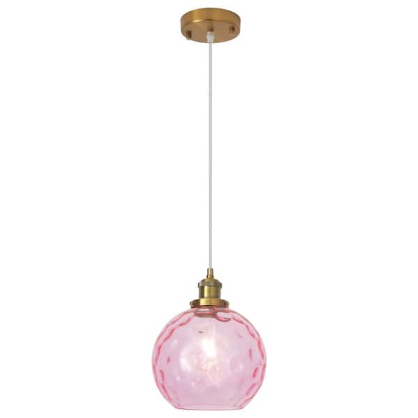 1-Light Bronze-Yellow/Pink Pendant Hanging Light with Frosted Glass Shade for Bedroom