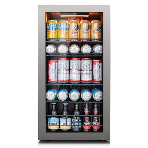 122-Cans Beverage Cooler 16.9 in. W Single Zone Refrigerator 2-Layer UV-Blocking Tempered Glass Door in Stainless Steel