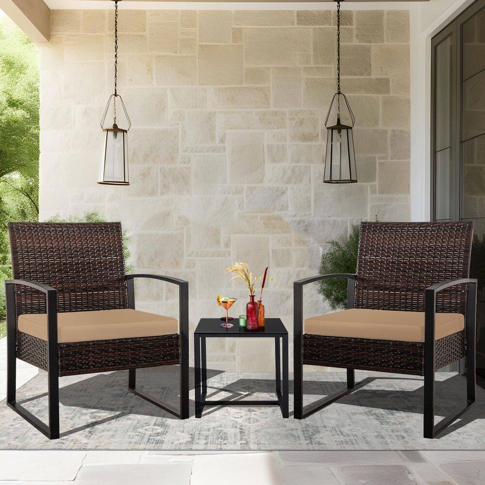 JUSKYS Brown 3-Piece Wicker Outdoor Bistro Set with Tan Cushion BRYE006 - The Home Depot
