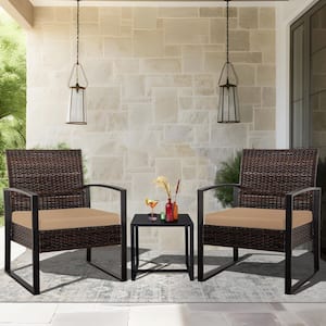 Brown 3-Piece Wicker Outdoor Bistro Set with Tan Cushion