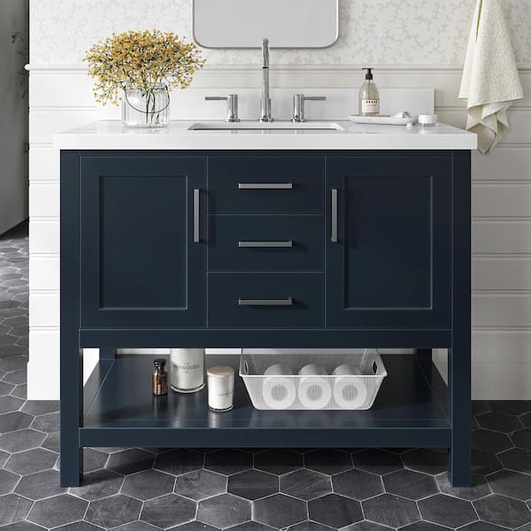 ARIEL Bayhill 43 in. W x 22 in. D x 36 in. H Bath Vanity in Midnight Blue with Pure White Quartz Top