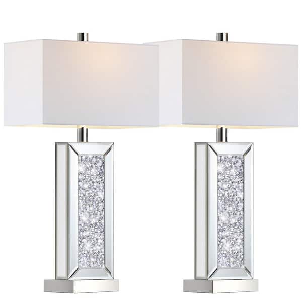Unbranded 25 in. Diamond Crystal Table Lamp w/ USB C+A Port, 3-Way Dimmable Silver Mirrored Bedside Lamps Fabric Shade for Bedroom