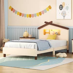 Cream Wood Twin Size Platform Bed with House-shaped Headboard and Night Lights