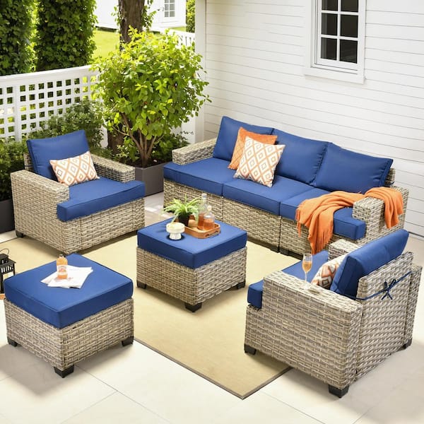 OVIOS Liberte Gray 7-Piece Wicker Patio Conversation Seating Set with Navy Blue Cushions