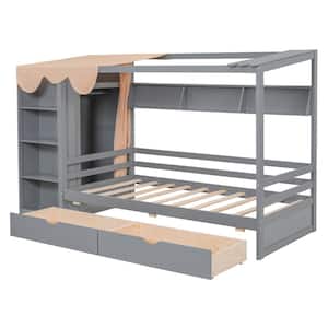 Gray Twin Size House Platform Bed with Drawers, Shelves and Wardrobe