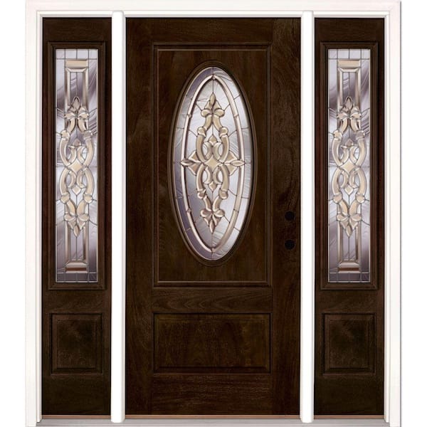 67.5 in.x81.625in.Silverdale Zinc 3/4 Oval Lt Stained Chestnut Mahogany Lt-Hd Fiberglass Prehung Front Door w/Sidelites