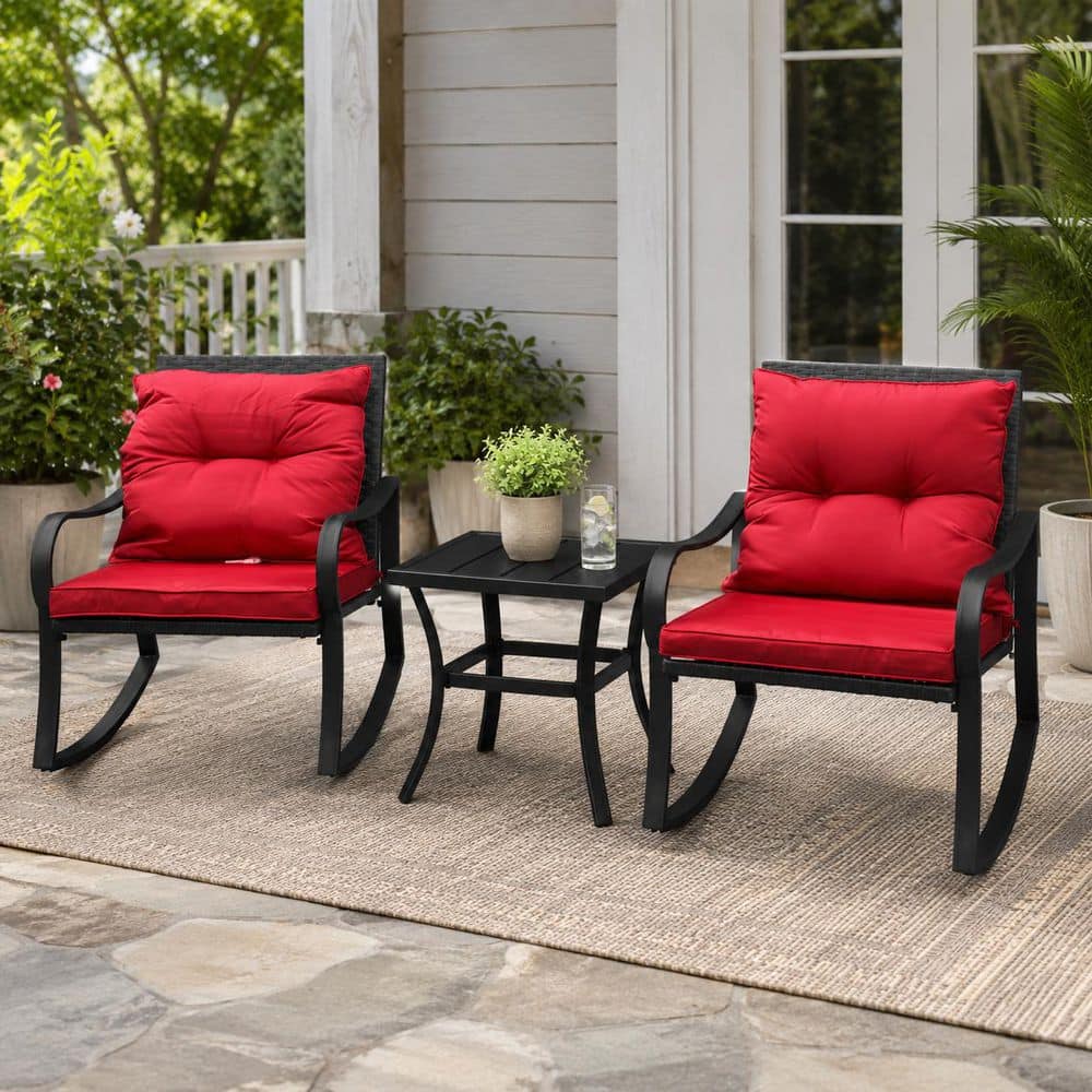 Metal Outdoor Rocking Chair 2-Person Patio Rocking Seating Group with Red Cushion and 17 in. L Square Coffee Table price history on PriceWatchPro
