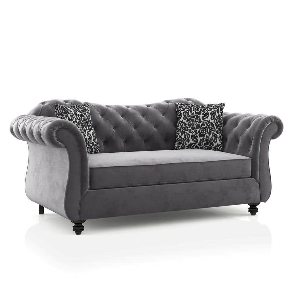 Furniture of America Goddart 68 in. Gray Polyester 2-Seats Loveseats with Pillows