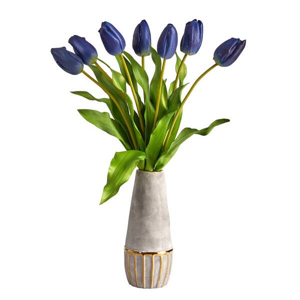 Nearly Natural 22 in. Dutch Tulip Artificial Arrangement in Stoneware Vase with Gold Trimming