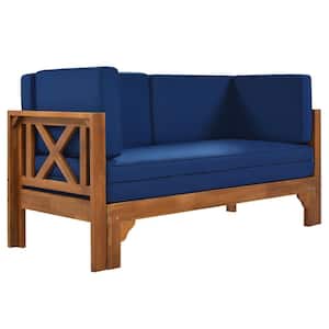 Wood Outdoor Day Bed Extendable Settees with Klein Blue Cushions