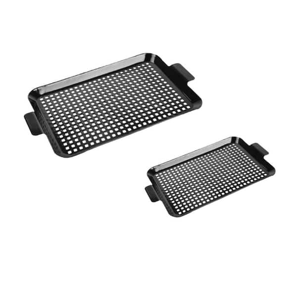 2pcs Stainless Steel Nonstick Grill Pan with Perforated Bottom for BBQ Indoor Outdoor Chicken Meat Veggies