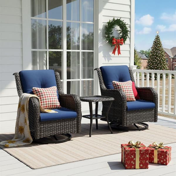3-Piece Wicker Patio Swivel Outdoor Rocking Chair Set with Blue Cushions and Table