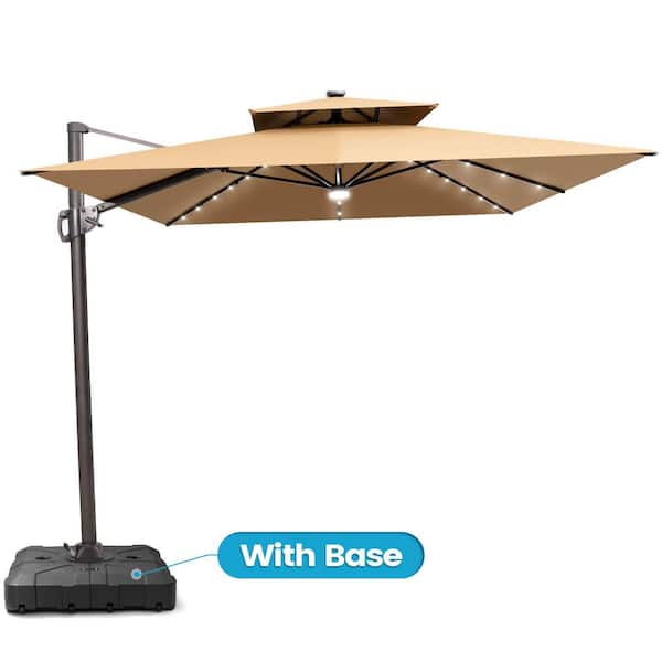 9 ft. x 11 ft. LED Rectangular Swivel Double Cantilever Tilt Patio Umbrella in Tan with 220 lb. HDPE Base