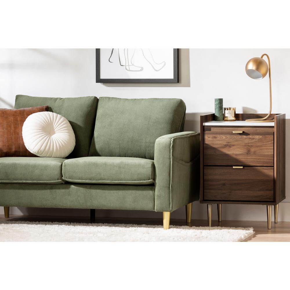 Natural Walnut and White Stone 2-Drawer End Table with Brass Legs