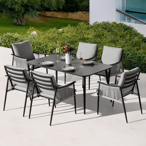 Patio Time Black 7-Piece Aluminum and Textilene Rope Outdoor Dining Set with Gray Zippered Cushions