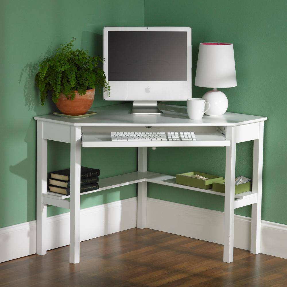 Modern White Wooden Corner Desk with Keyboard Tray and Drawer