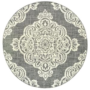Sienna Gray/Ivory 7 ft. x 7 ft. Round Medallion Indoor/Outdoor Patio Area Rug