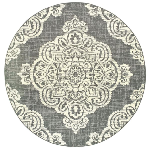 AVERLEY HOME Sienna Gray/Ivory 7 ft. x 7 ft. Round Medallion Indoor/Outdoor Patio Area Rug