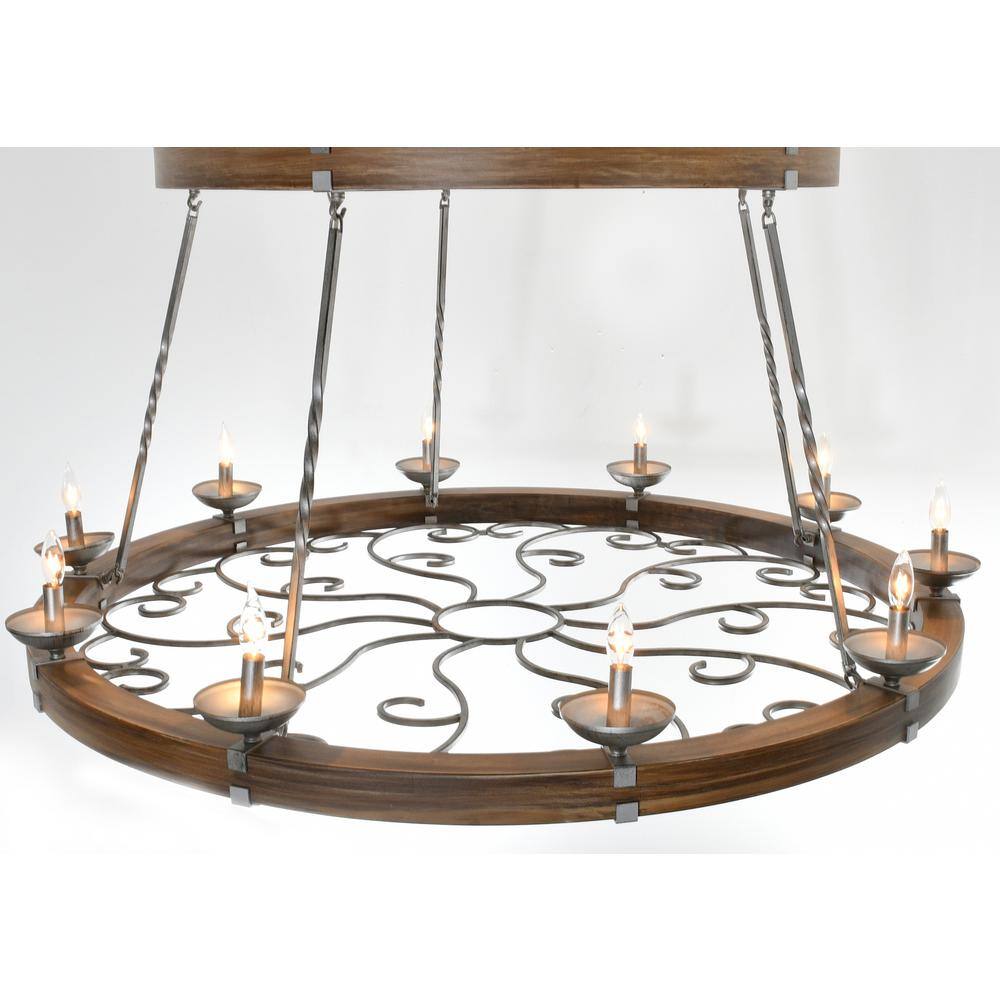 Two-Tier Brown Distressed Wood and Metal Empire Chandelier
