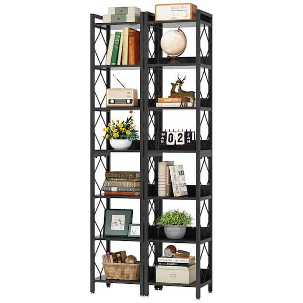 Jannelly 79 in. Tall Black Wood and Metal 7-Shelf Etagere Bookcase, Narrow Bookshelf Corner Shelf Rack (Set of 2)