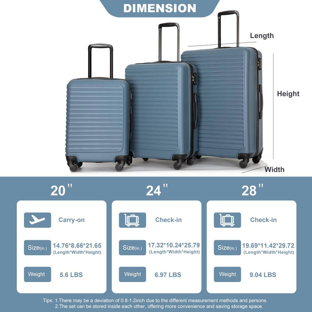 Blue 3-Piece Hardshell Spinner Luggage Set with TSA Locks