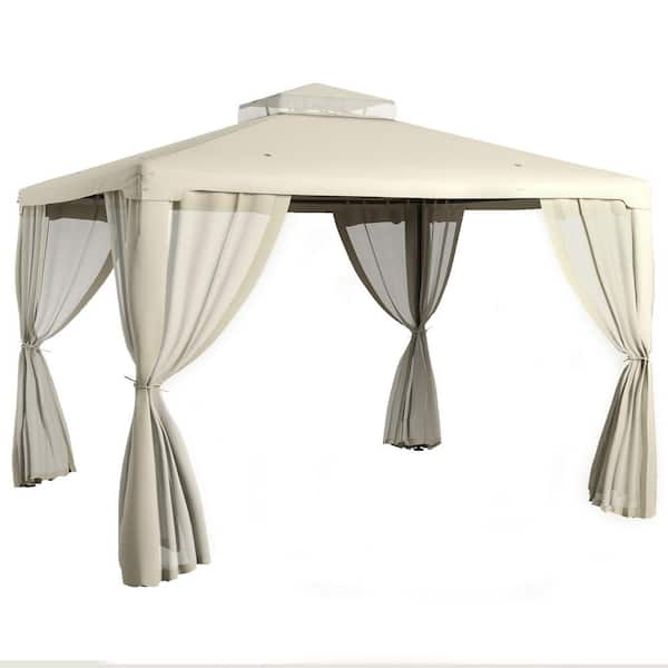 Outsunny 9.6 ft. x 11.6 ft. White Outdoor Canopy Shelter with 2-Tier Roof and Netting, Steel Frame and Polyester Canopy