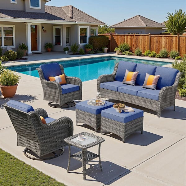 Clario 6-Piece Wicker Patio Sectional Conversation Set with Denim Blue Cushion & 360° Rocking Swivel Chair for Backyard