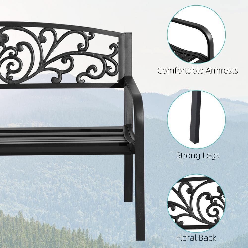 50" Black Iron Floral Pattern Outdoor Bench