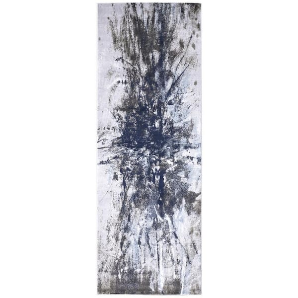 HomeRoots 2 ft. x 8 ft. Blue, Gray Abstract Runner Rug