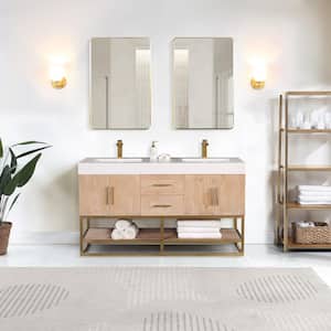 Bianco 60 in. W x 22 in. D x 34 in. H Double Sink Bath Vanity in Light Brown with White Composite Stone Top and Mirror