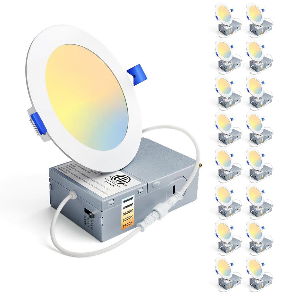 16-Pack 4 in. LED Recessed Ceiling Light, Dimmable, 2700K-5000K 5CCT, 9W 120V, High Brightness Canless Wafer Downlight price history on PriceWatchPro