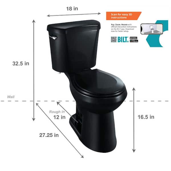 12 inch Rough In Two-Piece 1.28 GPF Single Flush Round Toilet in Black Seat Included