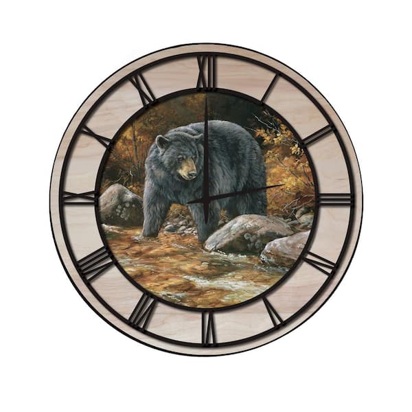 Unbranded "Streamside Bear" Woodgrain Accent and Black Numbers Imaged Wall Clock