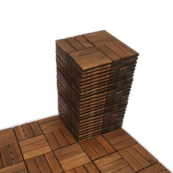 GOGEXX 12 in. x 12 in. Outdoor Checker Pattern Square Wood Interlocking Flooring Deck Tiles in Brown (Pack of 30 Tiles)