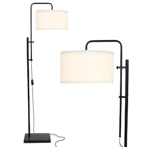 Leo 72 in. Classic Black Mid-Century Modern 1-Light Height Adjustable LED Floor Lamp with White Fabric Drum Shade
