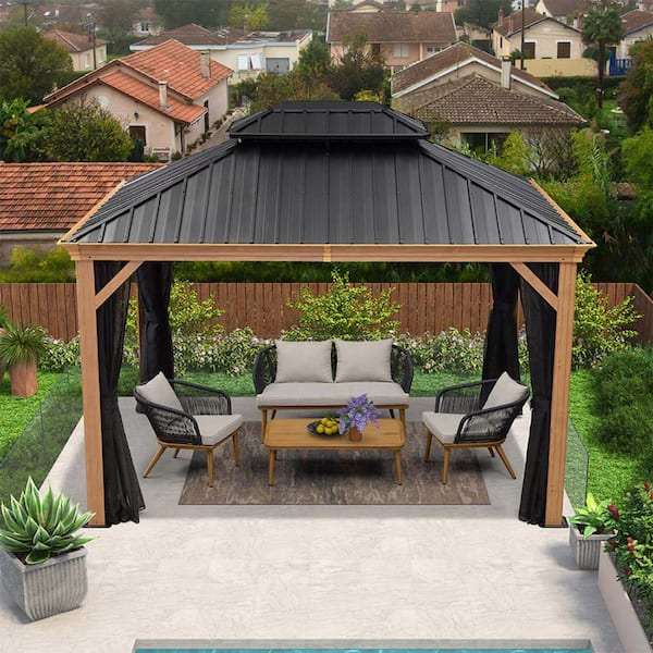 PURPLE LEAF 10 ft. x 12 ft. Hardtop Gazebo Galvanized Steel Roof Gazebo Pergola with Wooden Coated Aluminum Frame and Mosquito Net