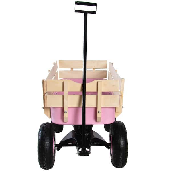 Garden Cart with Wood Railing and Pneumatic Wheels - Costway