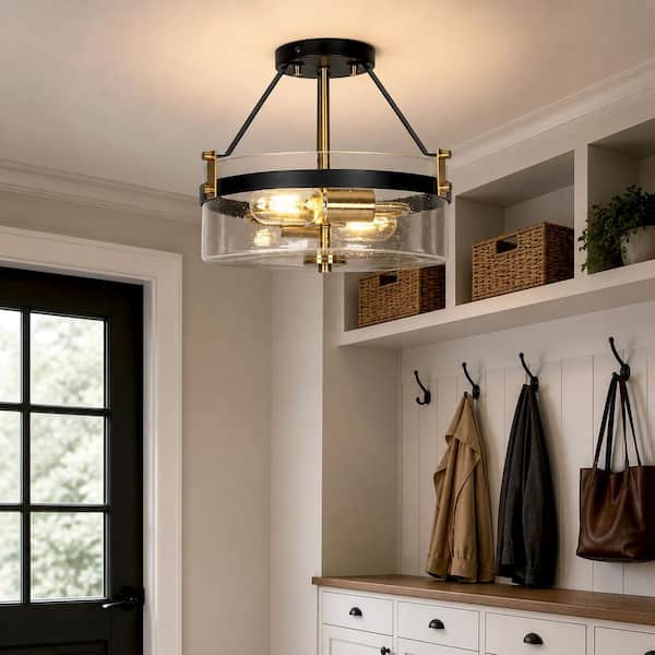 Modern Farmhouse Black Semi-Flush Mount, 12.5 in. 2-Light Plated Gold Kitchen Ceiling Fixture Light with Seeded Glass